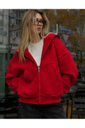 Kadin Oversi̇ze Kapüşonlu Fermuarli Hirka Sweatshirt - Kırmızı - 1