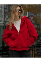Kadin Oversi̇ze Kapüşonlu Fermuarli Hirka Sweatshirt - Kırmızı - 1