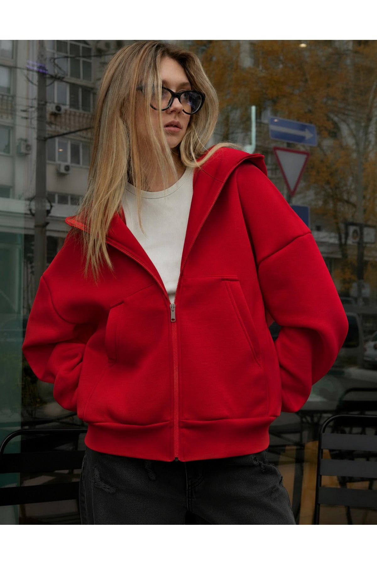 Kadin Oversi̇ze Kapüşonlu Fermuarli Hirka Sweatshirt - Kırmızı - 1
