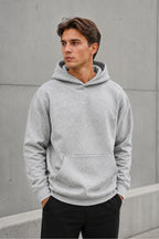 Erkek Oversize Kapüşonlu Sweatshirt Basic Hoodie Cepli - Gri Melanj - 2