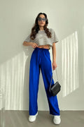 Kadın Lacivert Bol Paça Dokulu Cepli Palazzo Kumaş Pantolon - NAVY BLUE - 1