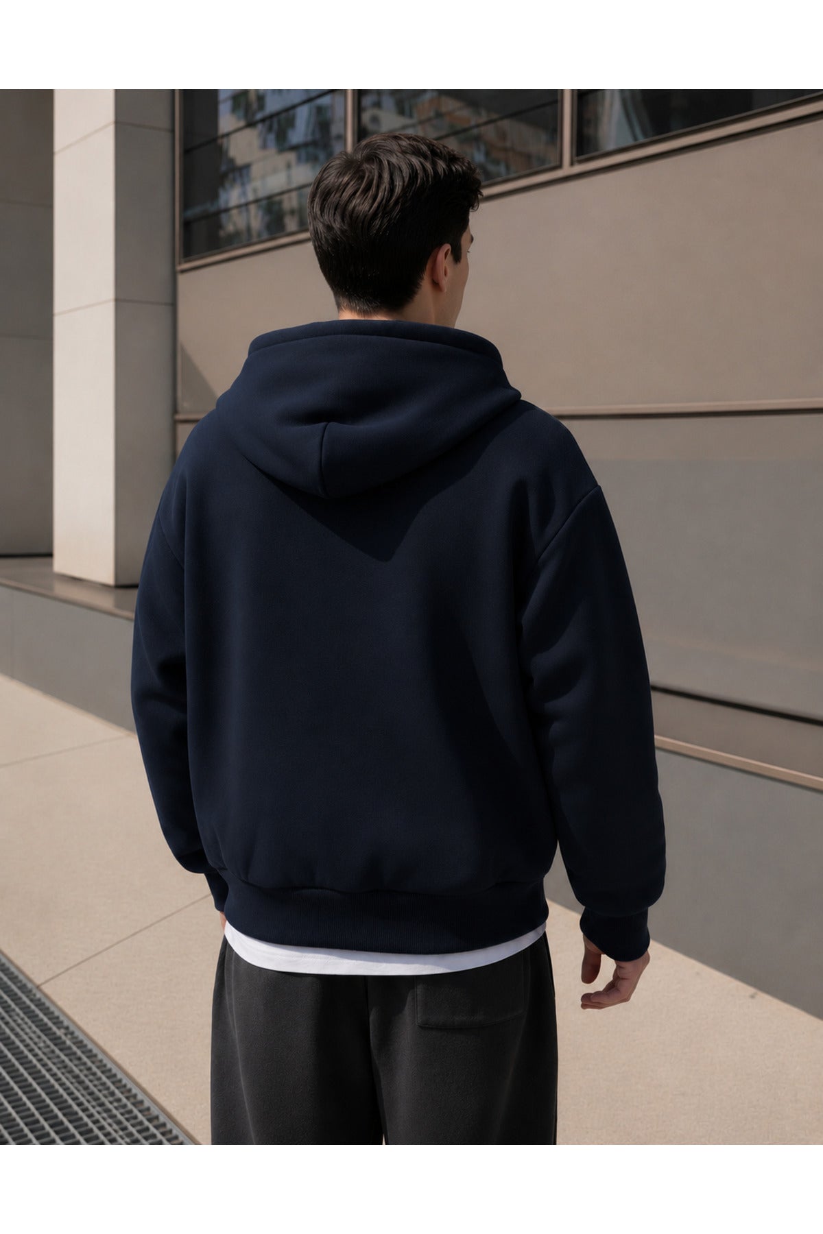 Erkek 3 İ̇pli̇k Fermuarli Kapüşonlu Oversi̇ze Rahat Sweatshirt Hirka - Lacivert - 3