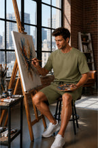 Erkek Modern Ressam Stili Sanat Atölyesi Konseptli Oversize Şortlu Rahat Takım - Yeşil - 4