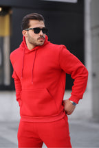 Erkek Bol Oversize 3 İ̇plik İ̇çi Pamuklu Kanguru Cep Kapşonlu Lastikli Paça Jogger Kış Eşofman Takımı - Kırmızı - 3