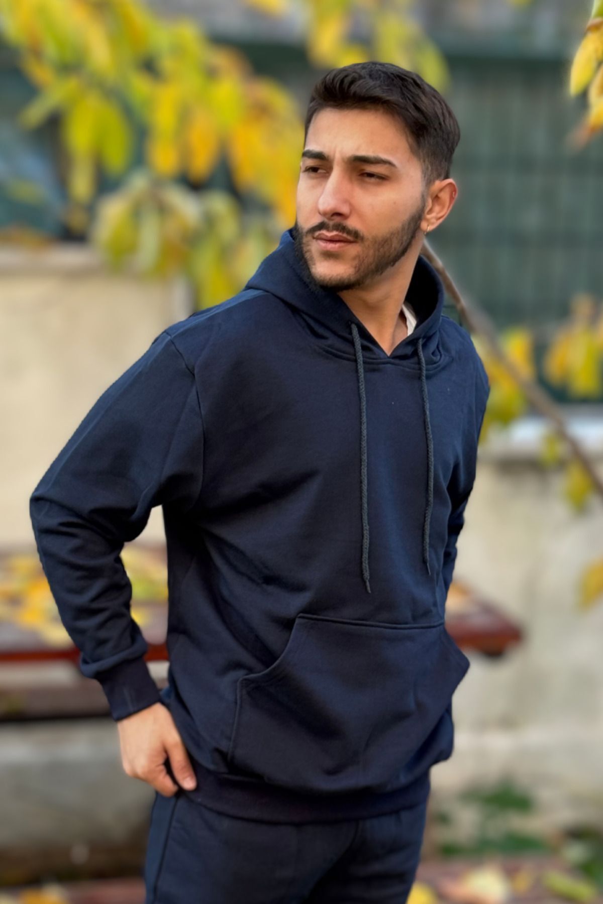 Erkek Kapşonlu Kanguru Cepli̇ 3 İ̇pli̇k Oversi̇ze Sweatshi̇rt - Lacivert - 1
