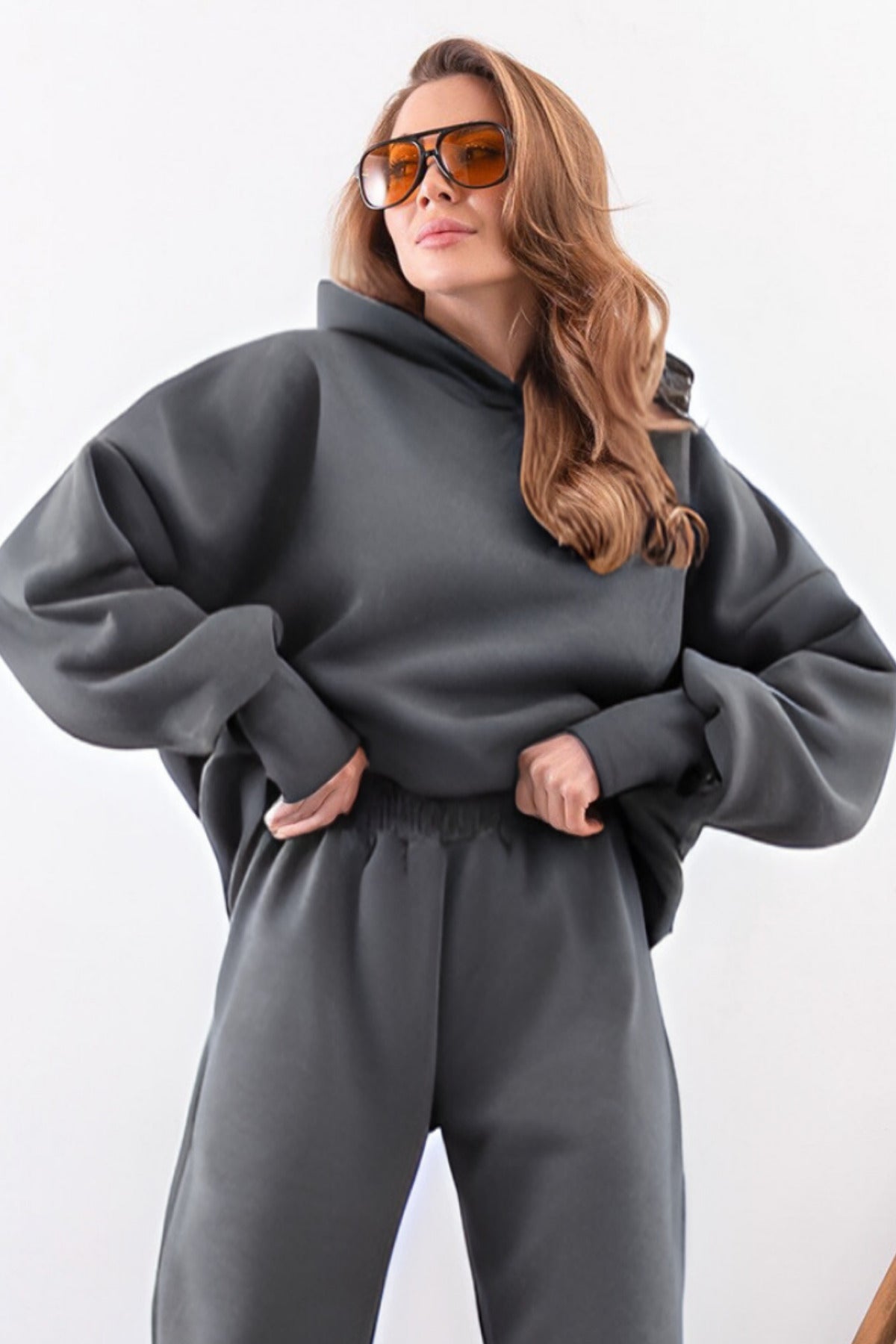 Kadın Esnek Rahat Kalıp Basic Model Sweatshirt - Füme - 1