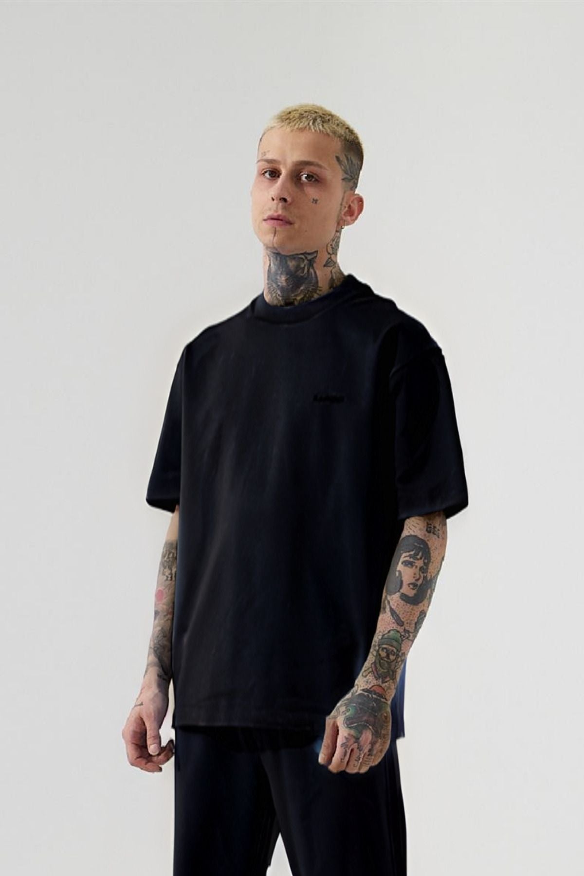 Erkek Oversize Rahat Penye T-shirt - Siyah - 1