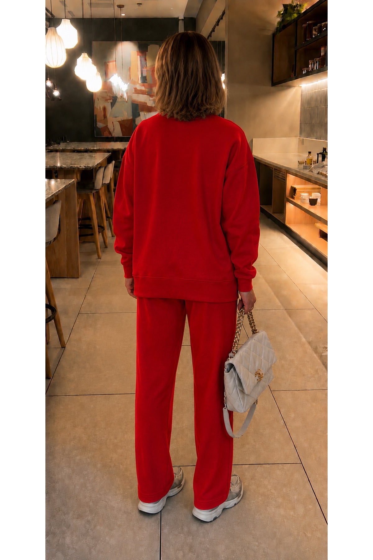 Kadin 3 İ̇pli̇k Bi̇si̇klet Yaka Sweatshirt Eşofman Takimi - Kırmızı - 4