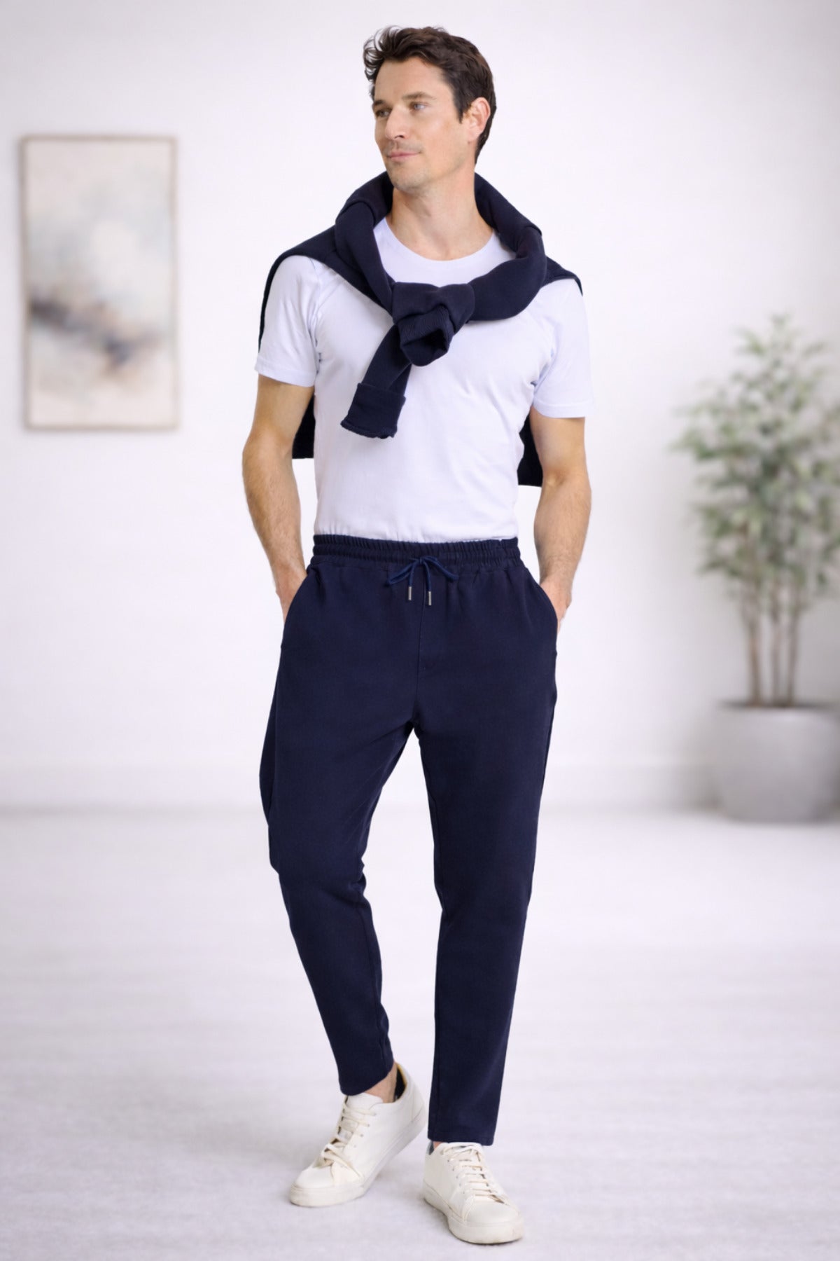 Erkek Regular Fit Beli Lastikli Bağcıklı Rahat Kesim Yan Cepli Jogger Pantolon - Lacivert - 3