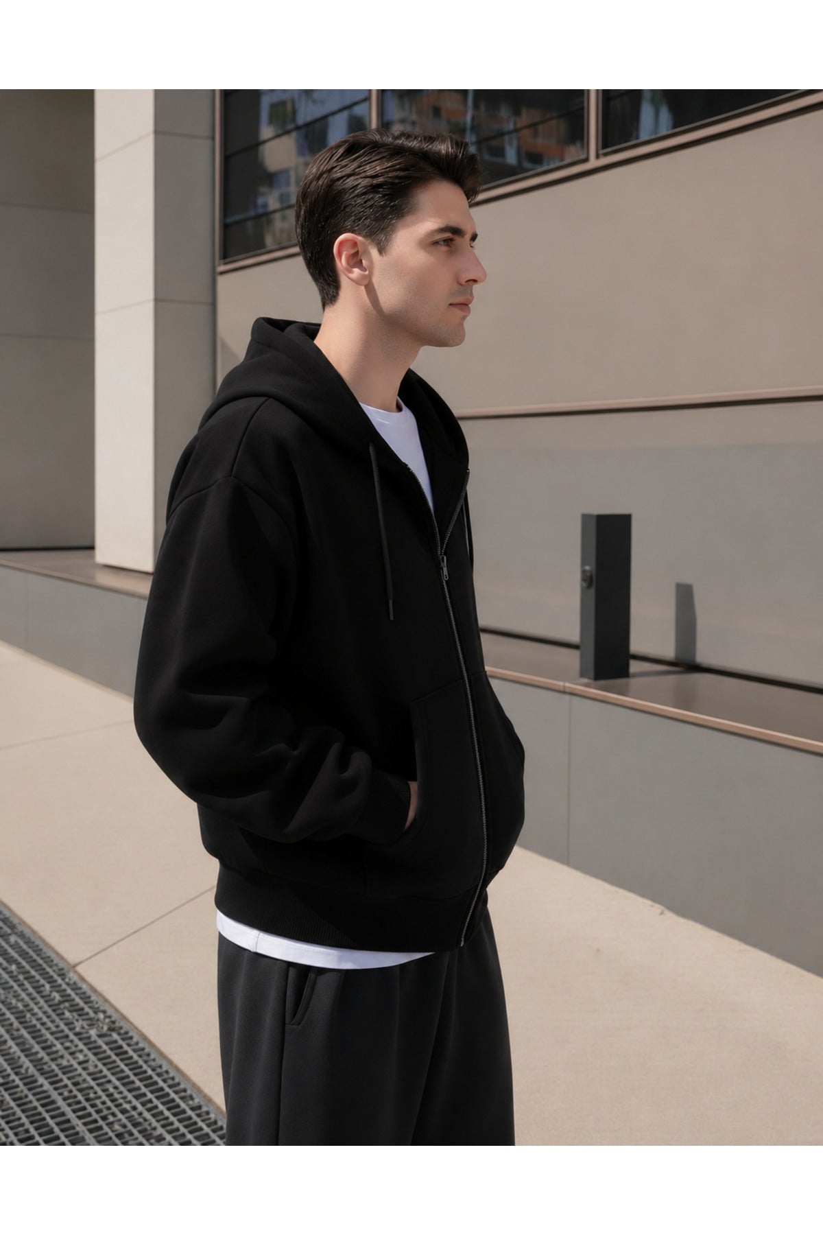 Erkek 3 İ̇pli̇k Fermuarli Kapüşonlu Oversi̇ze Rahat Sweatshirt Hirka - Siyah - 4