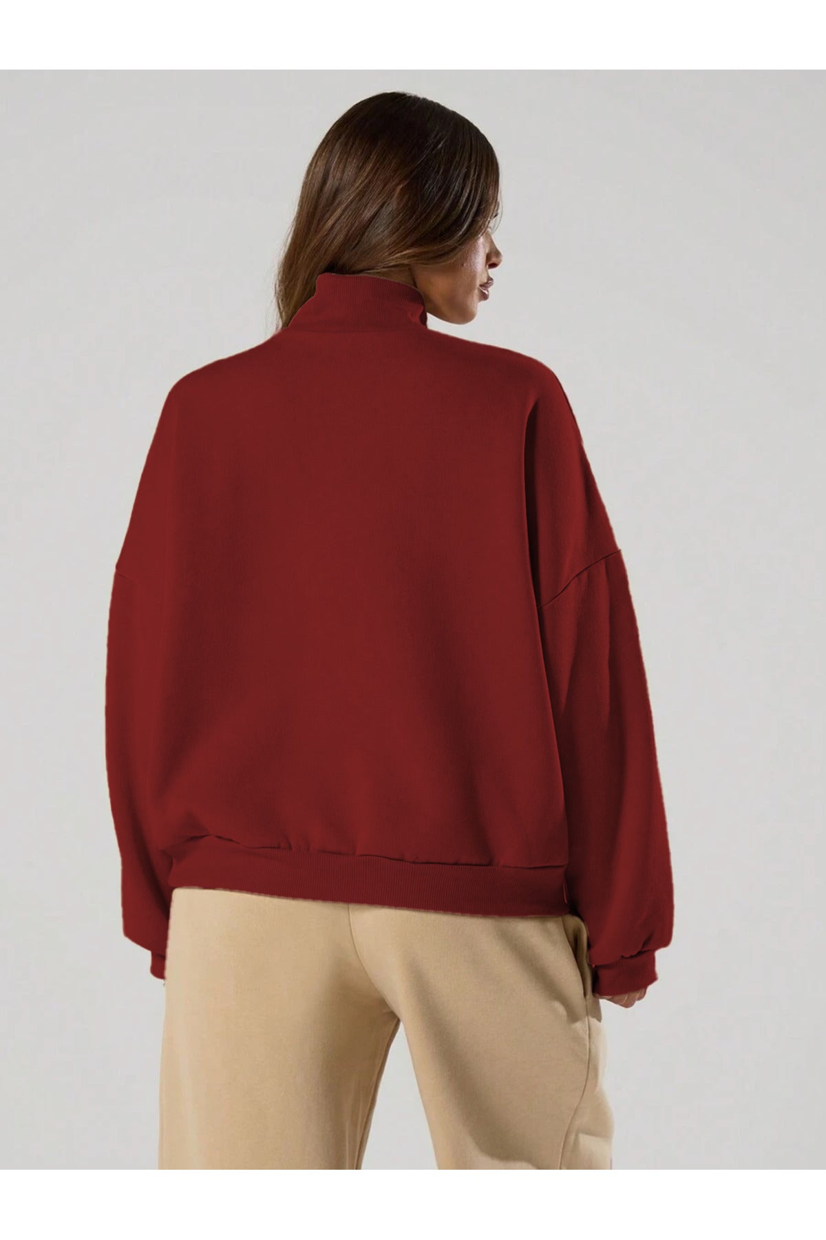Kadın Yarım Fermuarlı Dik Yaka Kışlık Oversize Yeni Model Kazak - Bordo - 2