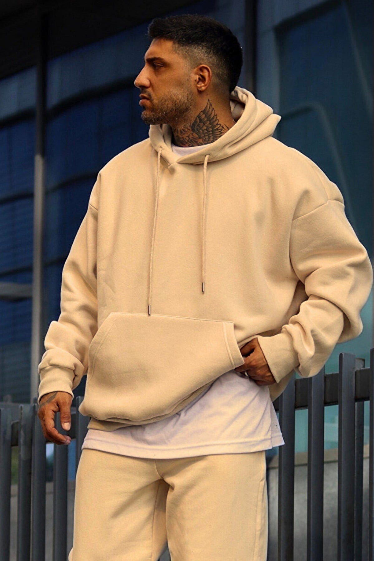 Erkek Oversize 3 İ̇plik Pamuklu Şardonlu Kanguru Cep Kapşonlu Kalın Hoodie Sweatshirt - Vizon - 3