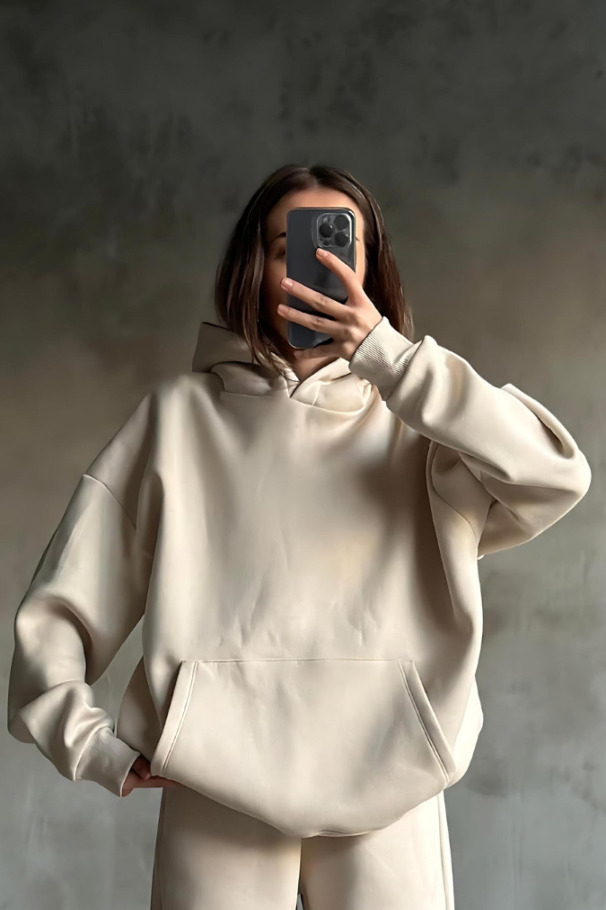 İ̇çi Pamuklu Bol Kalıp Sweatshirt - Bej - 2