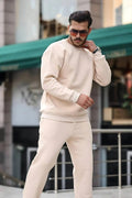 Kalın Bisiklet Yaka Paçası Lastikli Eşofman Takımı - Krem - 1