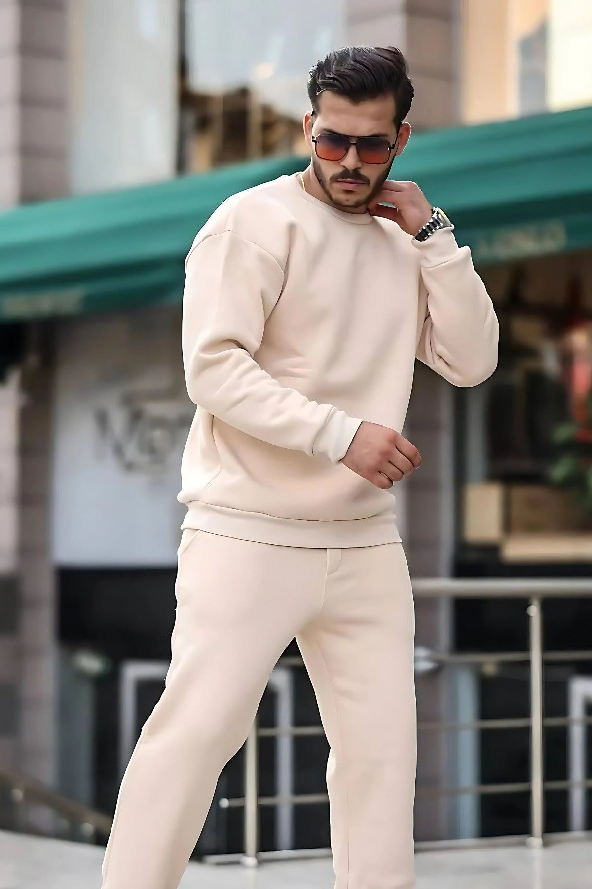 Kalın Bisiklet Yaka Paçası Lastikli Eşofman Takımı - Krem - 1