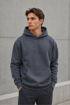 Erkek Oversize Kapüşonlu Sweatshirt Basic Hoodie Cepli - Füme - 2