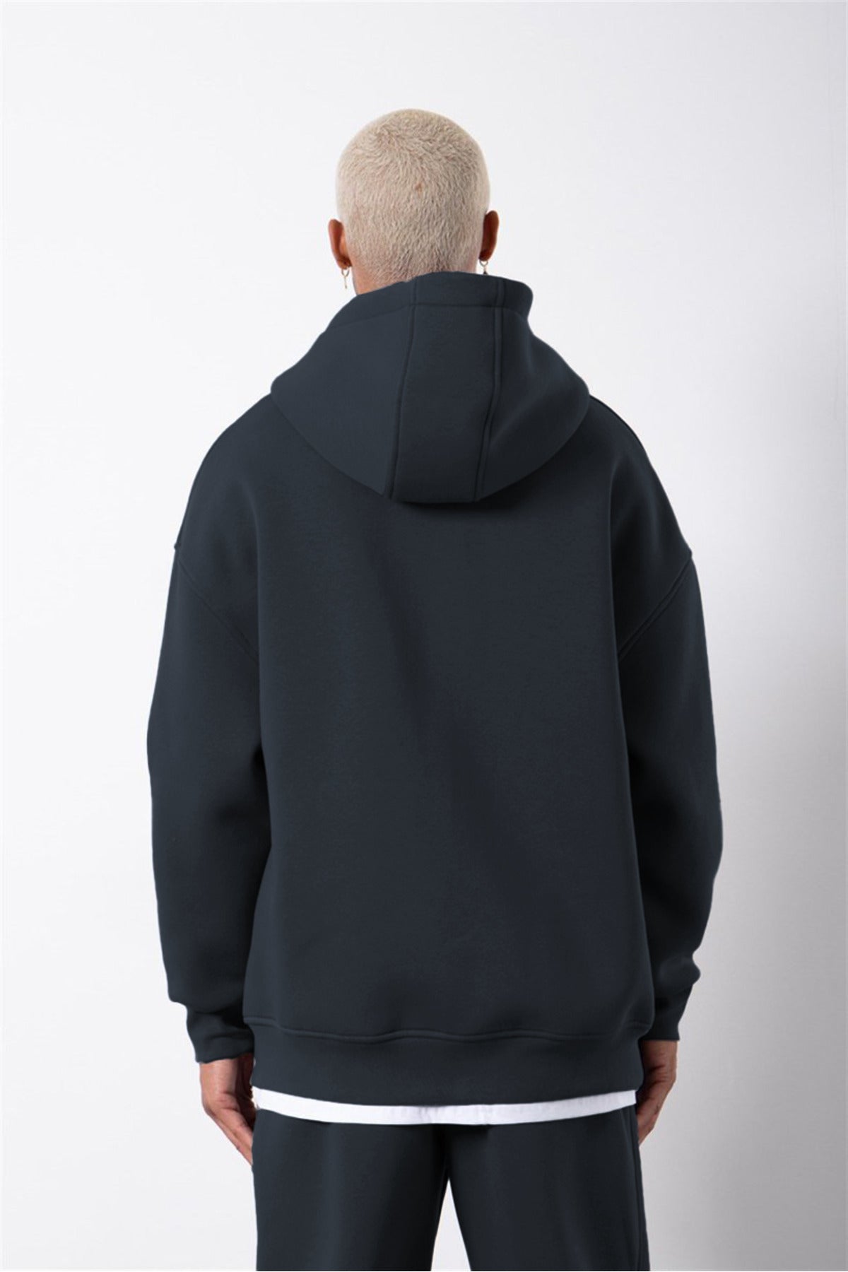 Erkek Füme Fermuarlı Kapşonlu Kanguru Cep Basic Sweatshirt Hırka - Füme - 2