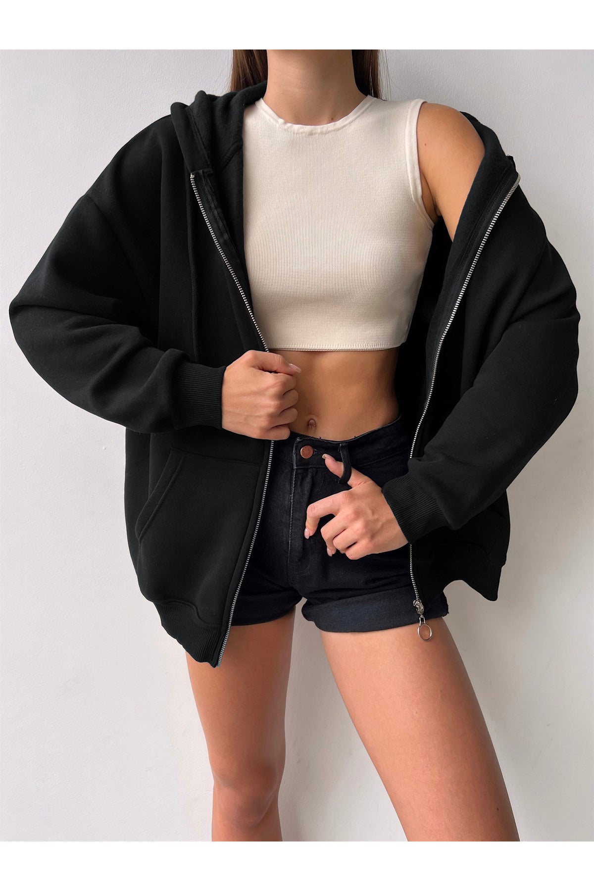 Kadın Siyah Bol Salaş Basic Model Baskısız Hırka - Black - 2