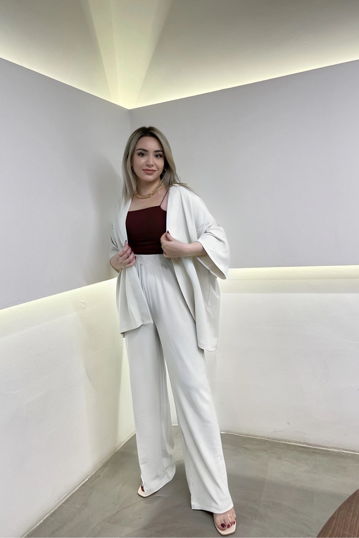 Kadın Bol Paça Kimono Alt Üst Takım - Beyaz - 3