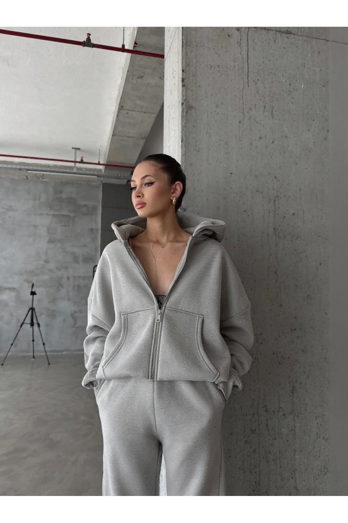 Kadin 3 İ̇pli̇k Oversi̇ze Fermuarli Sweatshi̇rt Hirka - Gri Melanj - 4