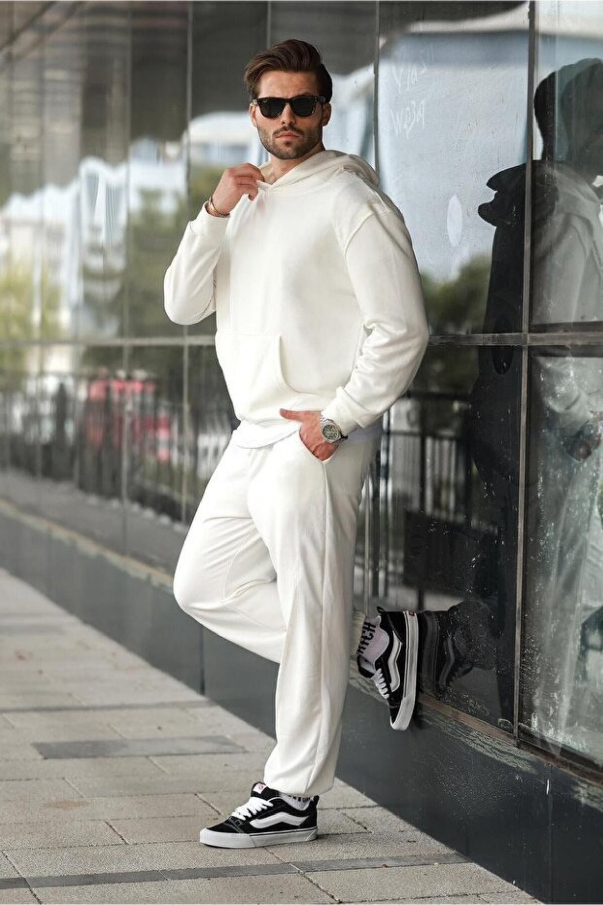 Erkek Hoodie Bol Paça Baggy Salaş Kapşonlu Rahat Kesim Eşofman Takımı - Beyaz - 1