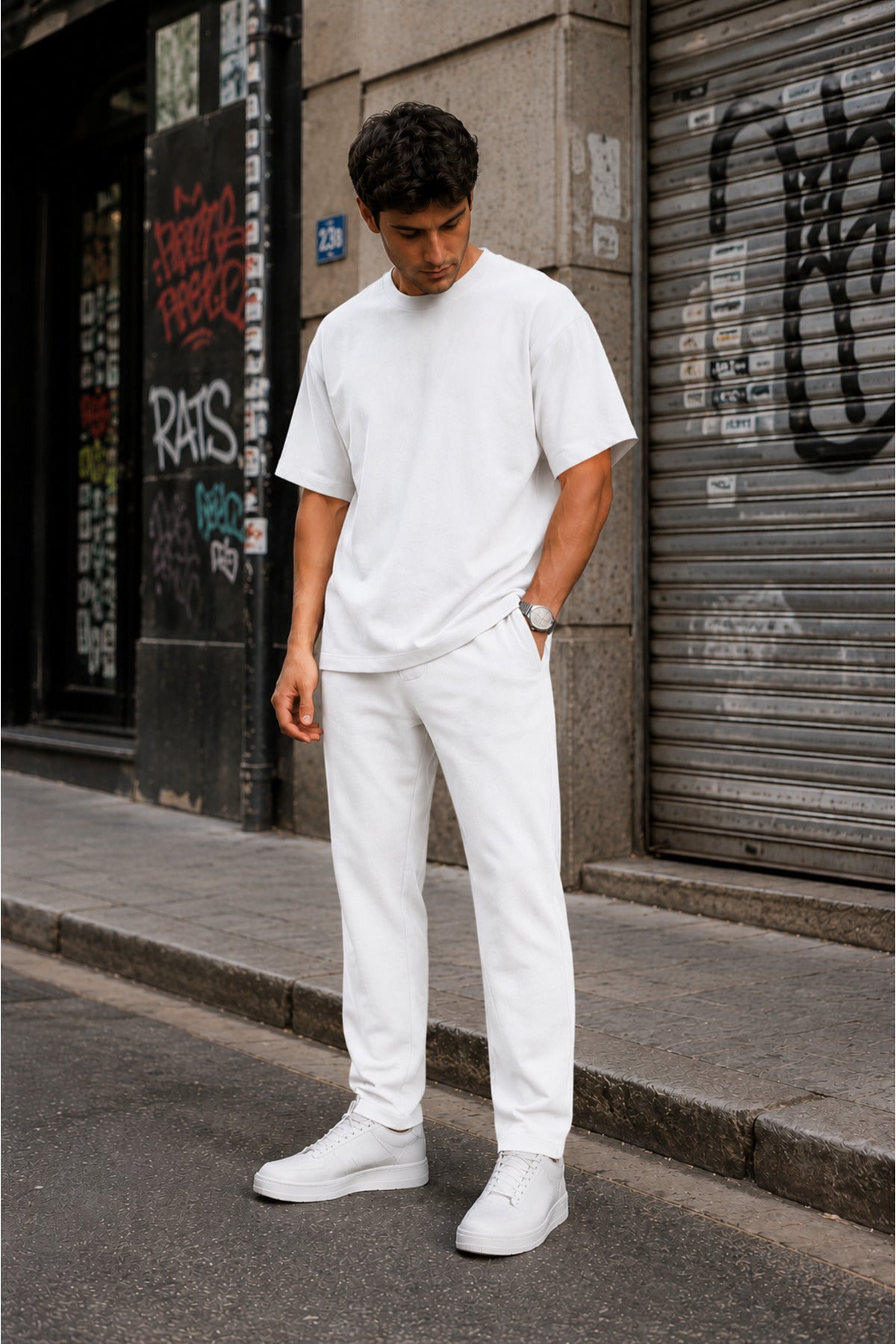 Erkek Premium Basic Takım Kısa Kollu Modern Kesim Eşofman Takımı - Beyaz - 4