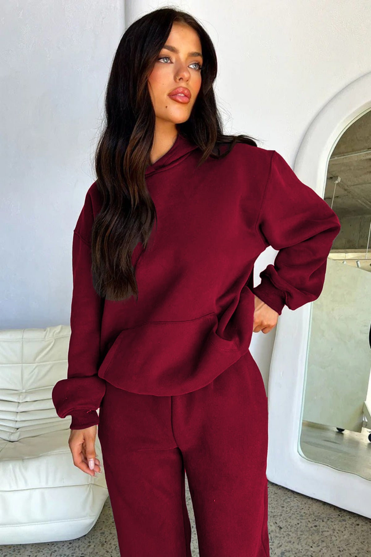 Kadın Yeni Sezon Basic Model Kapşonlu Eşofman Takımı - Bordo - 2
