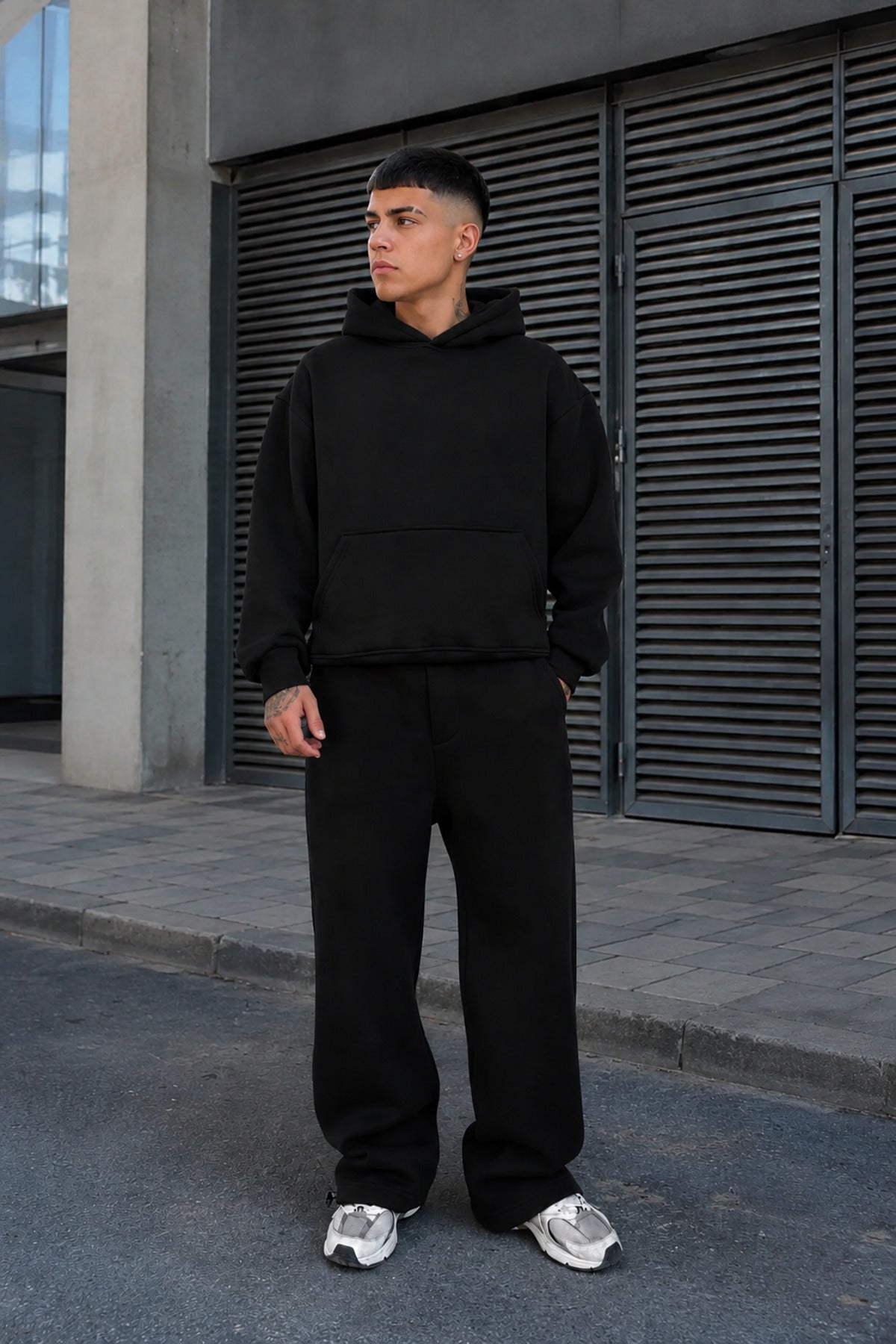Erkek Premium Oversize Hoodie Eşofman Takımı Unisex Mevsimlik Rahat Eşofman Takımı - Siyah - 4
