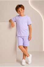 Çocuk Kısa Kollu Baskısız Basic Oversıze Geniş Kalıp Beli Bağlamalı Esnek 1-10 Yaş Arası Yaz Sezonu Sportif T-shirt / Şort Takım - Lila - 3