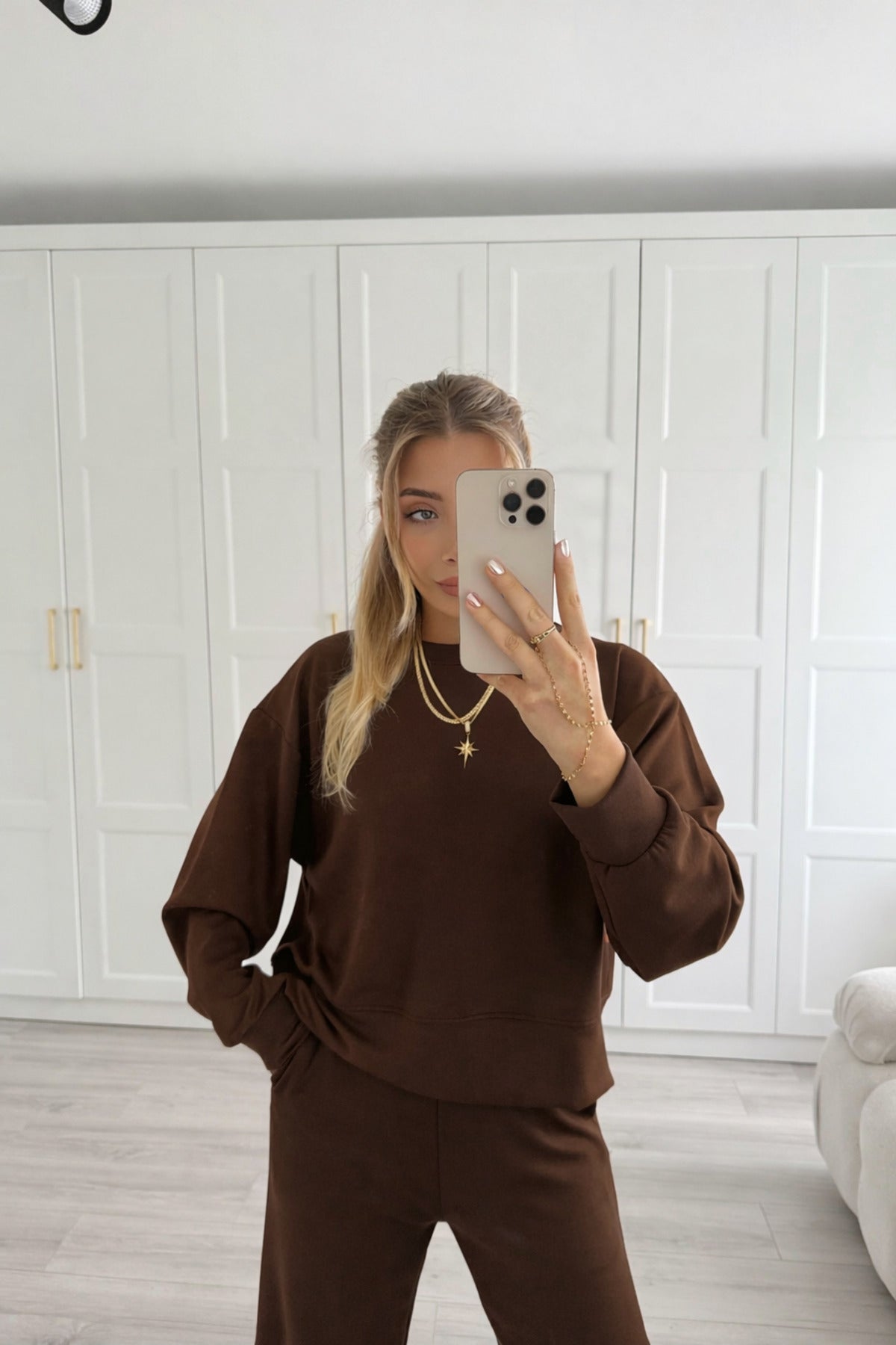 Kadin Home Wear Uzun Kollu Geni̇ş Paça Pi̇jama Takimi - Kahverengi - 3