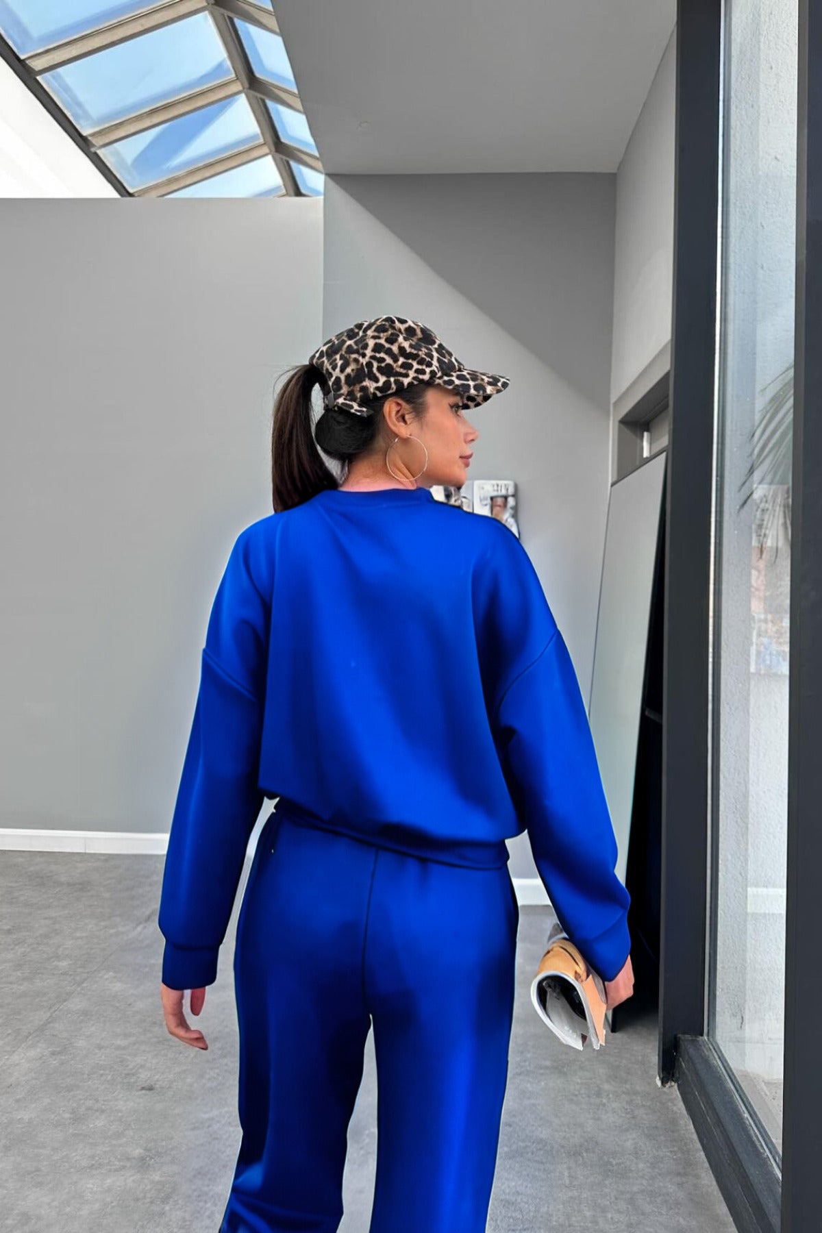Kadın Bisiklet Yaka Yüksek Bel Yumuşacık Oversize Eşofman Takımı - Saks Mavisi - 3