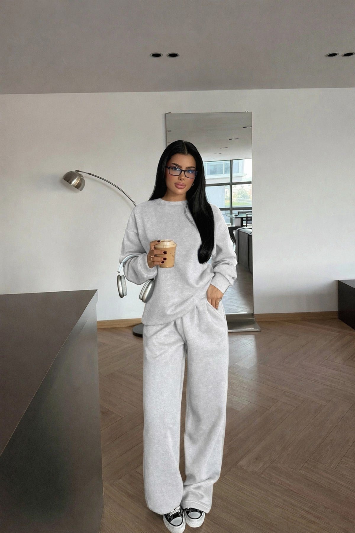 Kadin 3 İ̇pli̇k Bi̇si̇klet Yaka Sweatshi̇rt Geni̇ş Paça Yüksek Bel Eşofman Takimi - Gri Melanj - 1