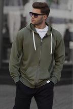 Haki̇ Fermuarlı Kapüşonlu Erkek Sweatshirt - Haki - 2