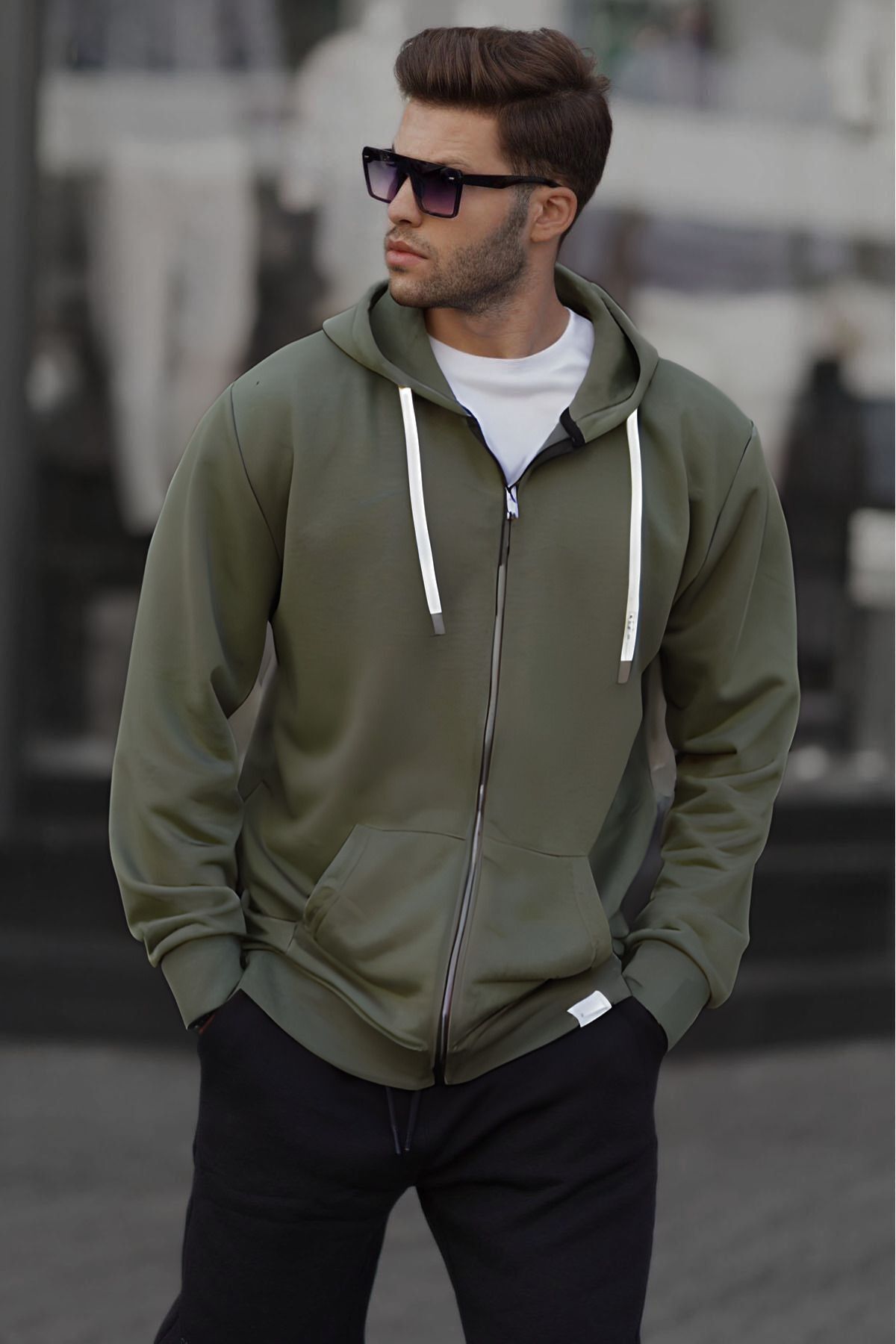 Haki̇ Fermuarlı Kapüşonlu Erkek Sweatshirt - Haki - 2