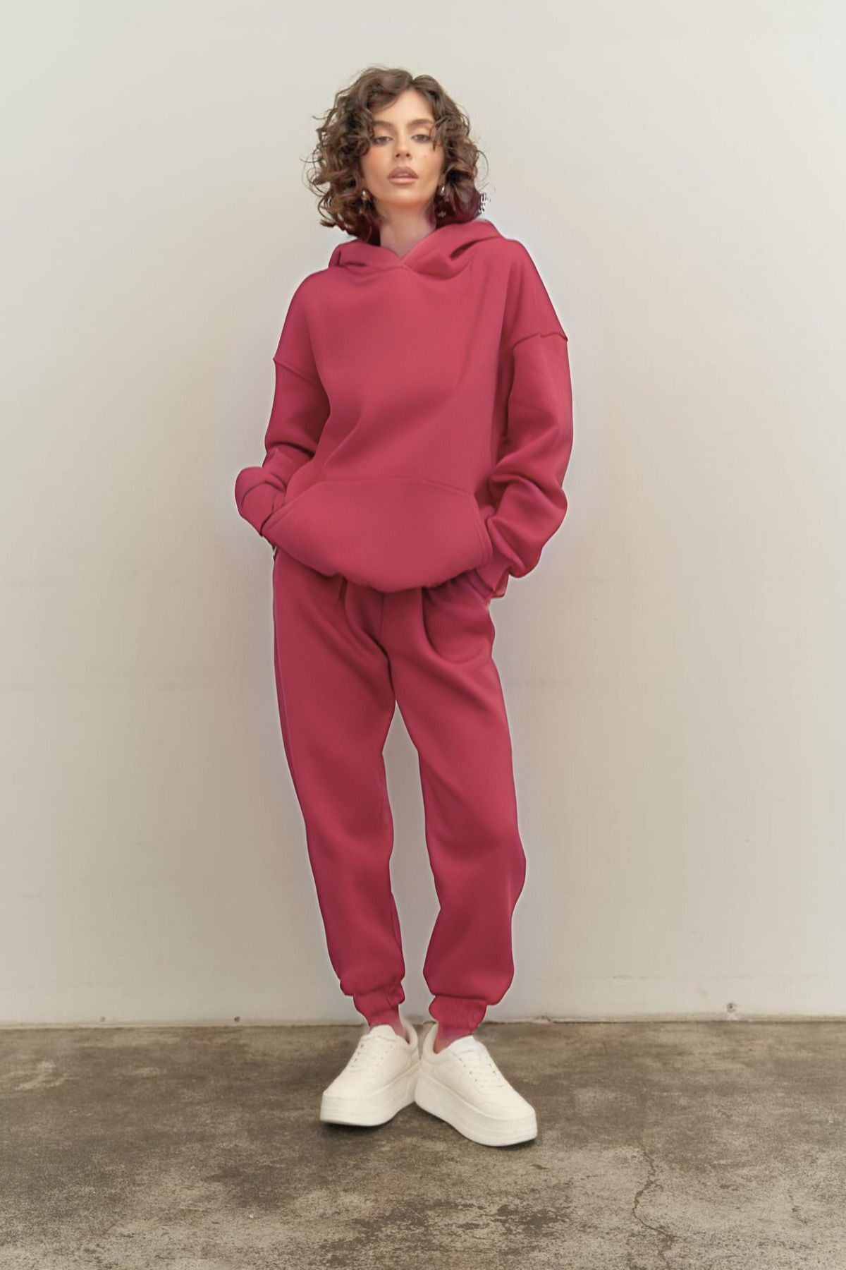 Kadın Eşofman Takımı Sweatshirt Jogger Mürdüm Oversize Şardonlu Kapüşonlu - Mürdüm Melanj - 2