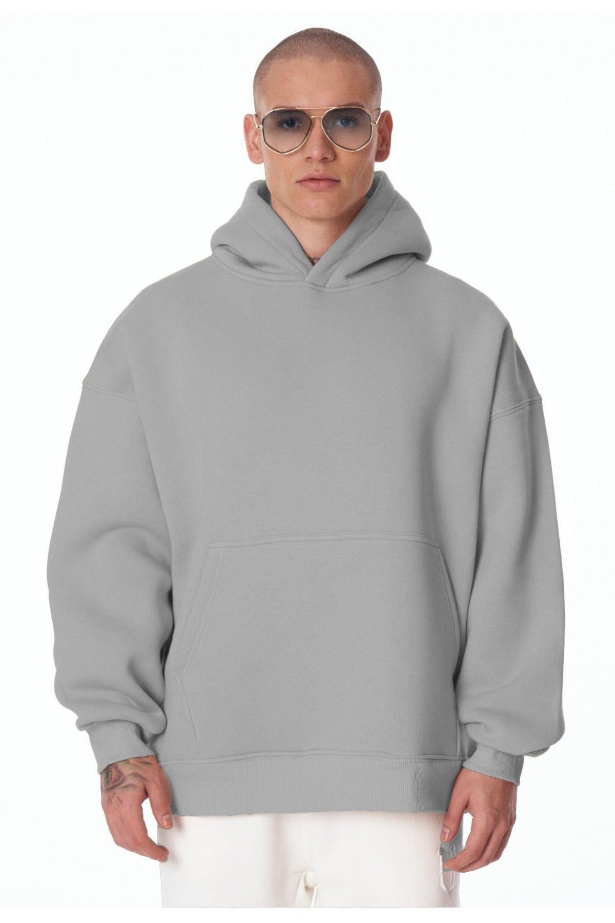 Erkek Bol Kesim Oversize 3 İ̇plik İ̇çi Pamuklu Şardonlu Kanguru Cep Kapşonlu Kışlık Hoodie Sweatshirt - Gri - 2