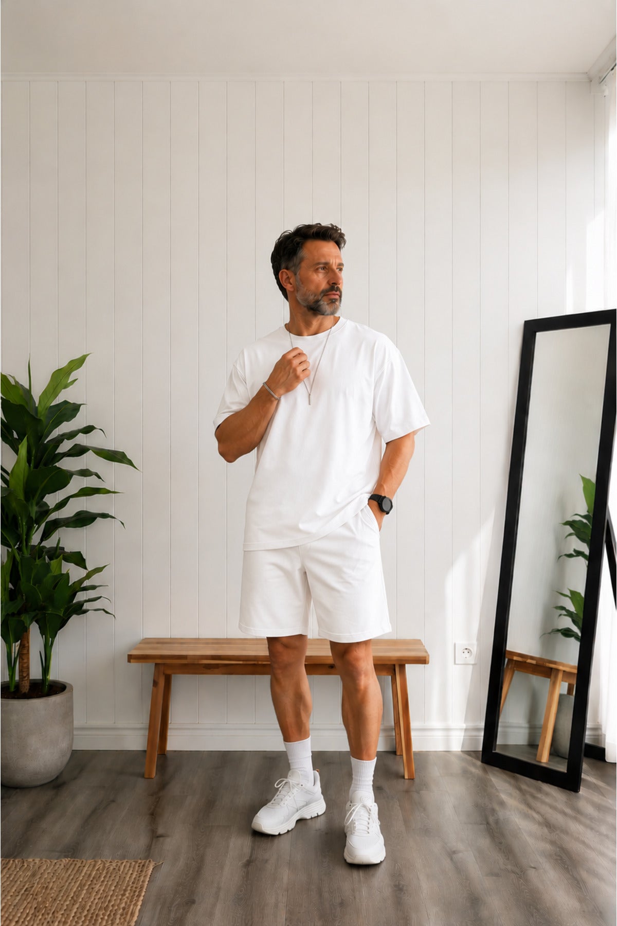 Erkek Oversize Basic Tişört Şort Takım Günlük Kısa Kollu Yazlık Eşofman Takımı - Beyaz - 3