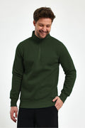 Erkek Yarım Fermuar Dik Yaka Uzun Kollu 3 İ̇plik Sweatshirt - Koyu Yeşil - 1