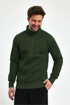 Erkek Yarım Fermuar Dik Yaka Uzun Kollu 3 İ̇plik Sweatshirt - Koyu Yeşil - 1