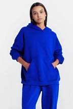 Kadın Baskısız Düz İ̇çi Şardonlu Kalın Kışlık Sweatshirt - Saks Mavisi - 3