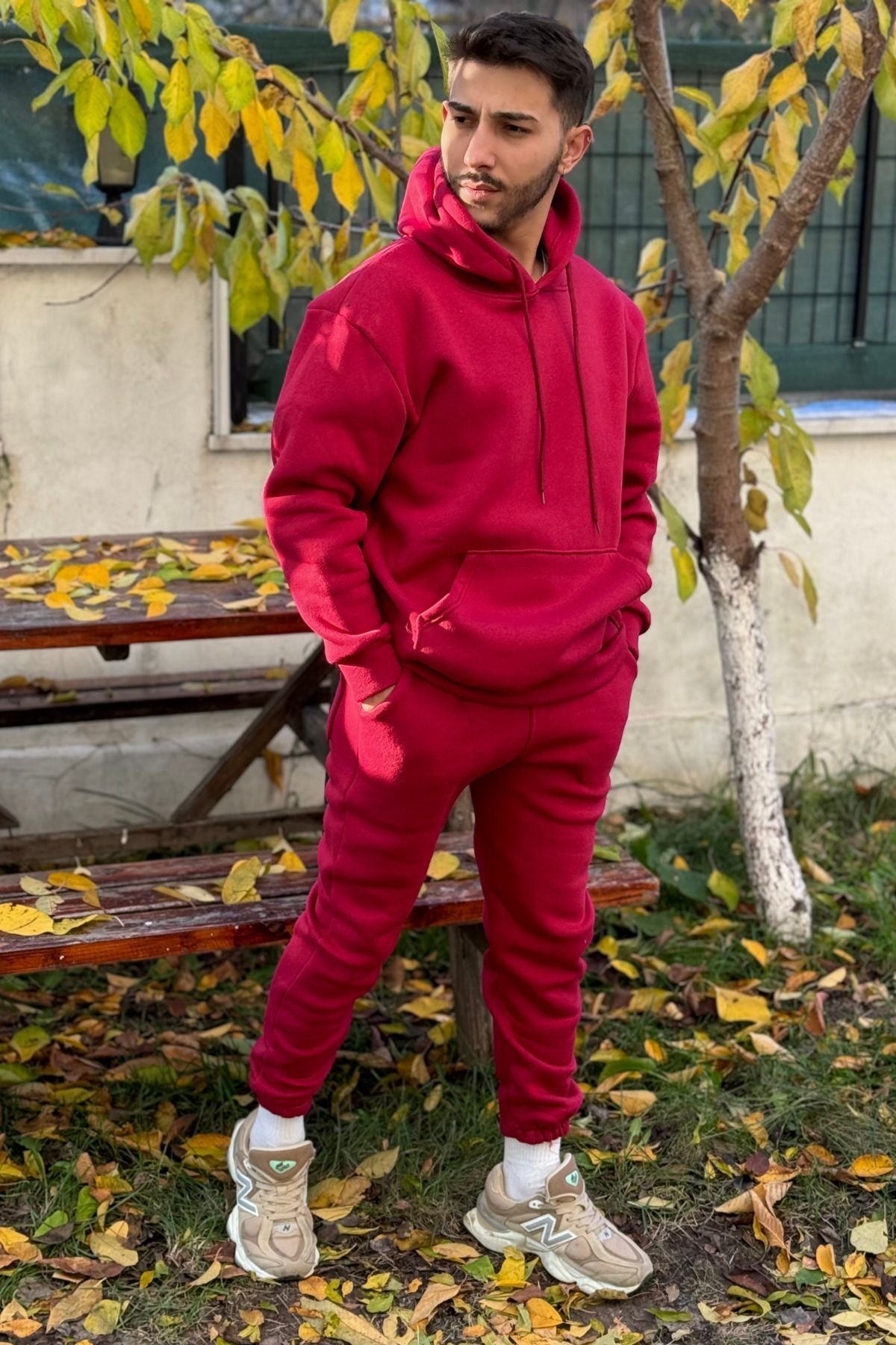 Ob Comfort Kapşonlu Kanguru Cep Oversize Lastik Paça Bordo Eşofman Takımı - Bordo - 3