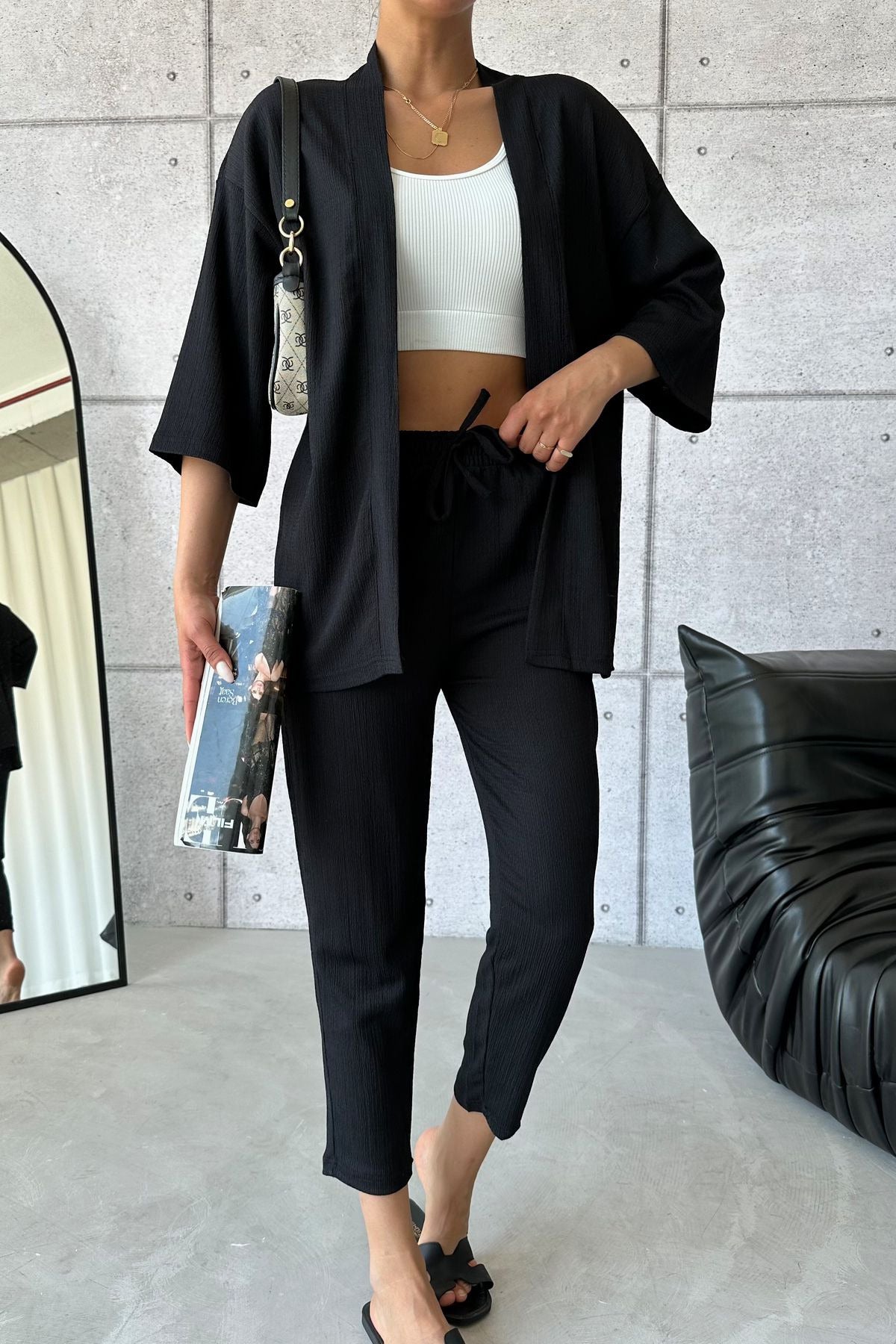 Kadın Dökümlü Bürümcük Yazlık Palazzo Kimono Takım - Siyah - 7