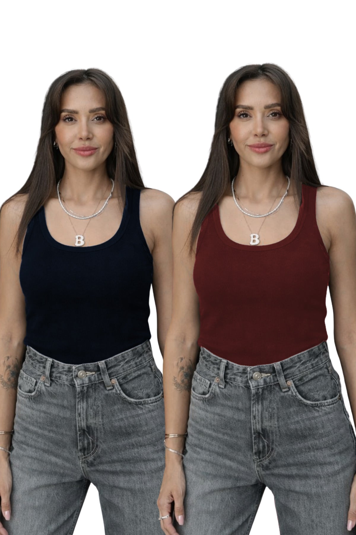 Kadin 2'li̇ Laci̇vert Ve Bordo Fi̇ti̇lli̇ Kalin Askili Esnek Atlet Body - Lacivert - 1