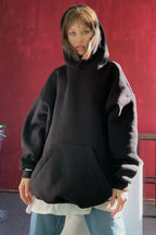 Kadın Siyah Kapüşonlu Şardonlu Oversize Hoodie Sweatshirt Ob - Siyah - 4
