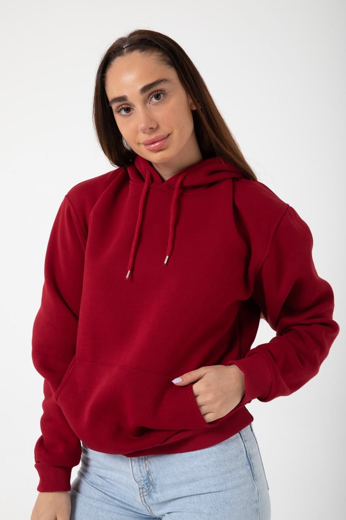Kadin 3 İ̇pli̇k Kapşonlu Kanguru Cep 3 İ̇pli̇k Sweatshi̇rt - Bordo - 2