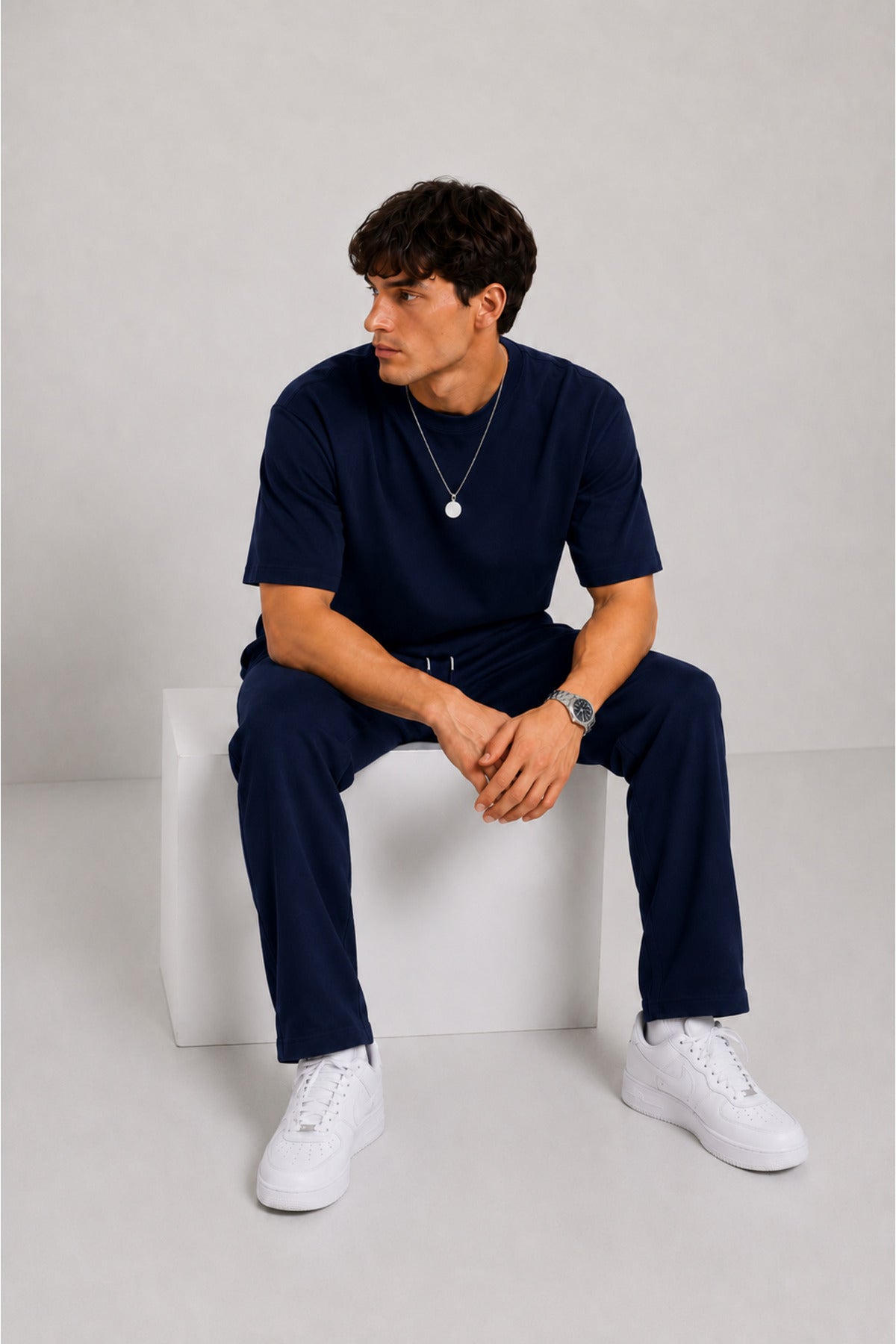 Erkek 2 İ̇plik Oversize Basic Bisiklet Yaka Rahat Kalıp Günlük Eşofman Takımı - Lacivert - 6