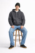 Erkek Oversize Bol Kapşonul Cepli Hoodie Hırka - Füme - 1