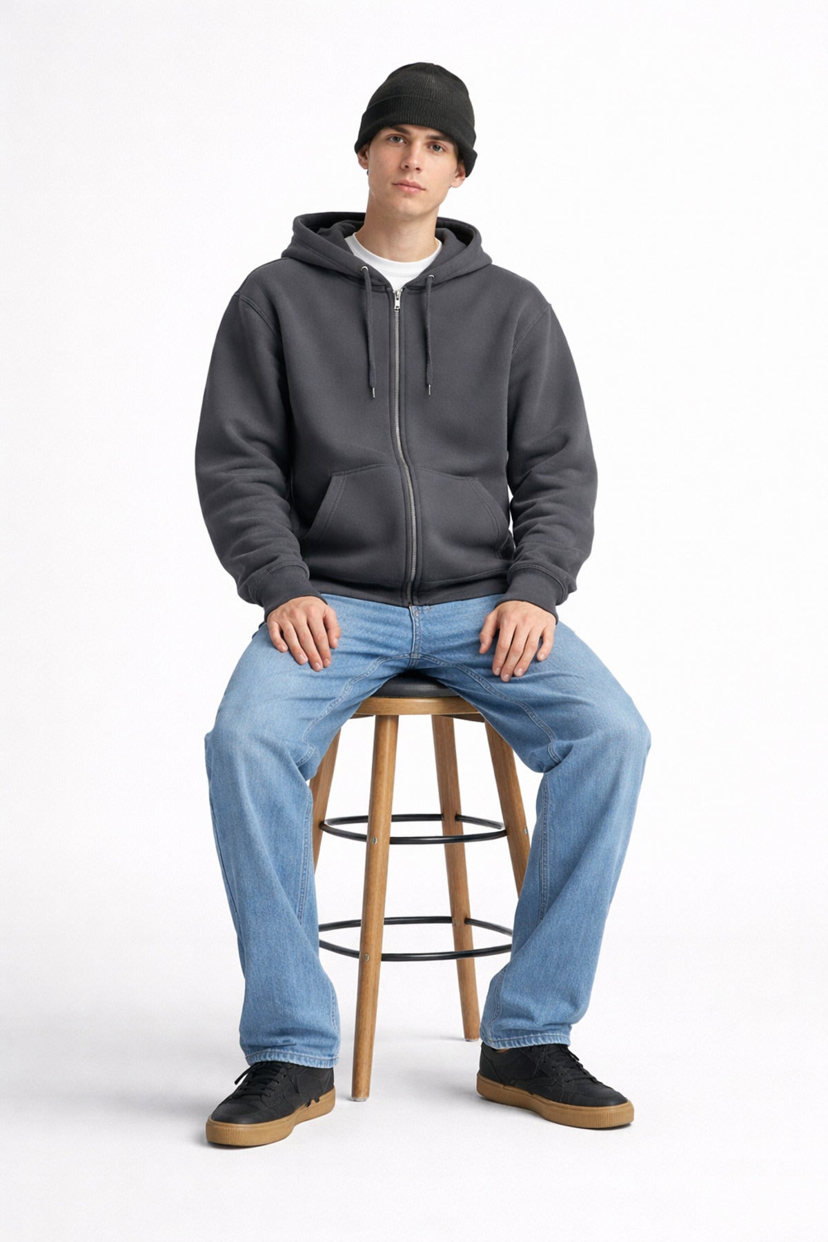 Erkek Oversize Bol Kapşonul Cepli Hoodie Hırka - Füme - 1