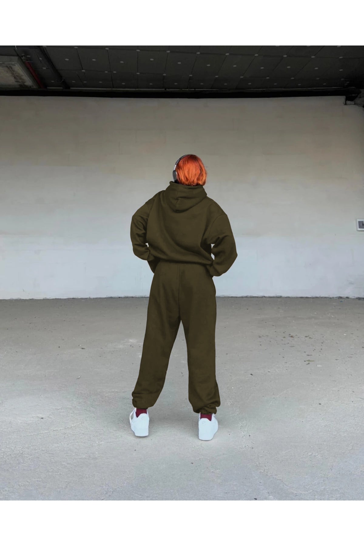 Kadın Oversize Spor Ve Günlük Jogger Paçası Lastikli Eşofman Takımı - Haki - 3
