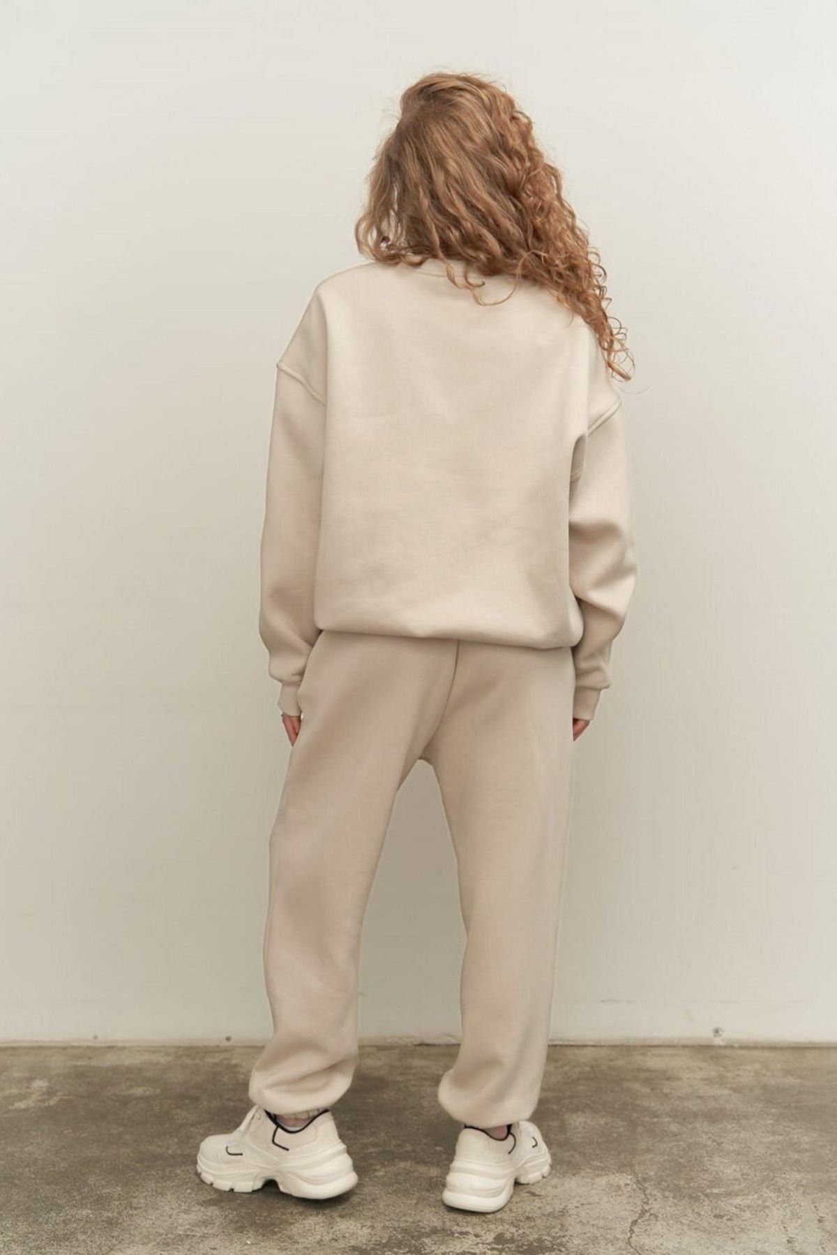 Kadın Oversize Rahat Kalıp Bisiklet Yaka Eşofman Takıım - Bej - 6
